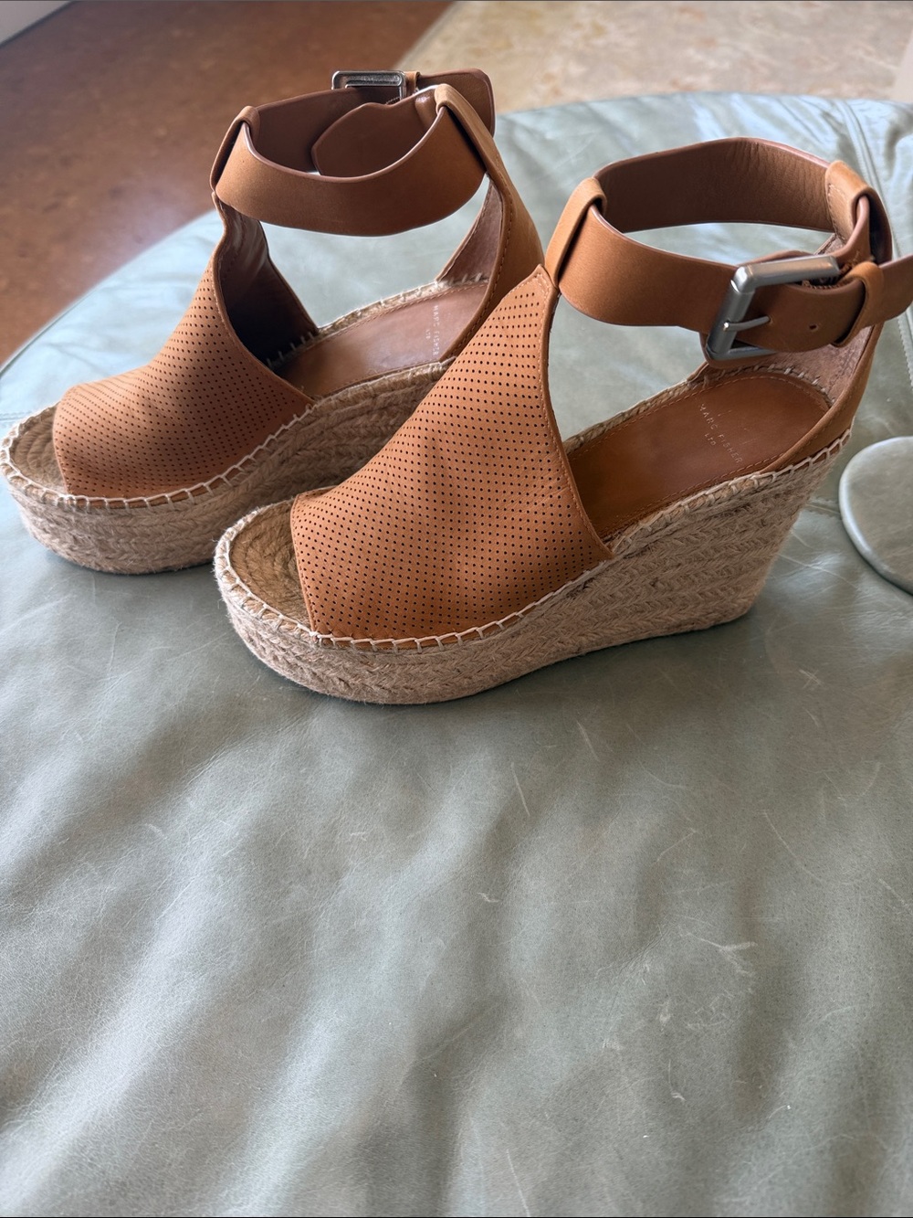 Marc Fisher Tan Espadrille Wedge Sandals with Ankle Buckle